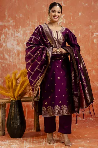 Purple embroidered cotton silk blend salwar suit