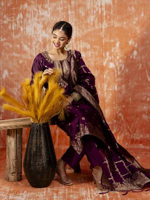 Purple embroidered cotton silk blend salwar suit 4