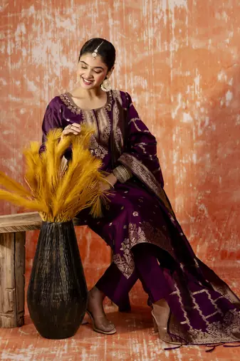 Purple embroidered cotton silk blend salwar suit