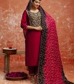Maroon embroidered viscose rayon   salwar suit