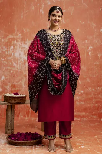 Maroon embroidered viscose rayon   salwar suit