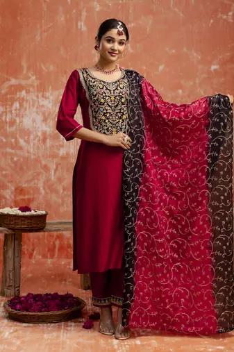 Maroon embroidered viscose rayon   salwar suit