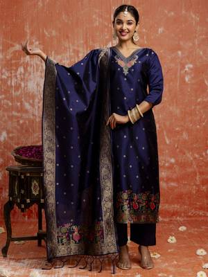 Blue embroidered cotton silk blend salwar suit 1
