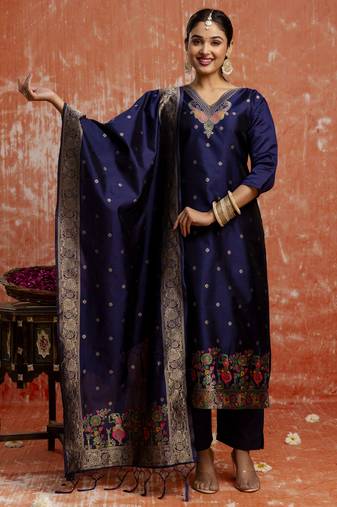 Blue embroidered cotton silk blend salwar suit