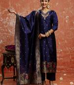 Blue embroidered cotton silk blend salwar suit