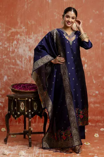 Blue embroidered cotton silk blend salwar suit