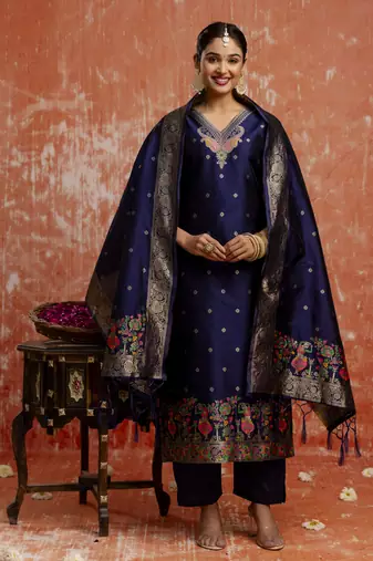 Blue embroidered cotton silk blend salwar suit