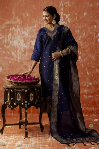 Blue embroidered cotton silk blend salwar suit