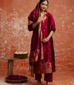 Maroon embroidered cotton silk blend salwar suit