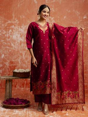 Maroon embroidered cotton silk blend salwar suit 2