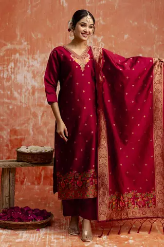 Maroon embroidered cotton silk blend salwar suit