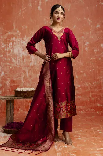 Maroon embroidered cotton silk blend salwar suit