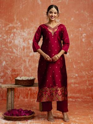 Maroon embroidered cotton silk blend salwar suit 4