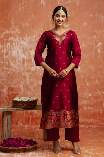 Maroon embroidered cotton silk blend salwar suit
