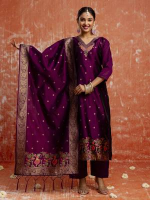 Purple embroidered cotton silk blend salwar suit 1