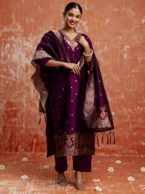 Purple embroidered cotton silk blend salwar suit 2