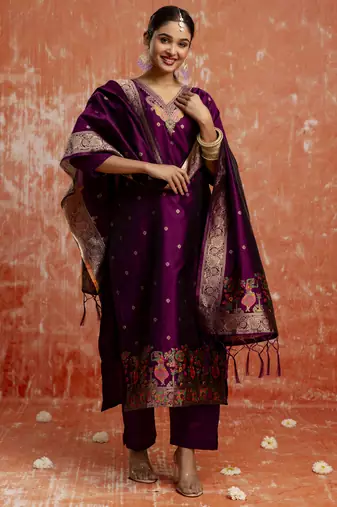 Purple embroidered cotton silk blend salwar suit