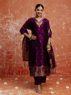Purple embroidered cotton silk blend salwar suit 3