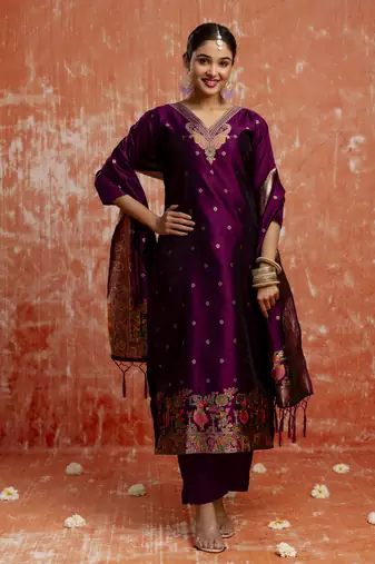 Purple embroidered cotton silk blend salwar suit
