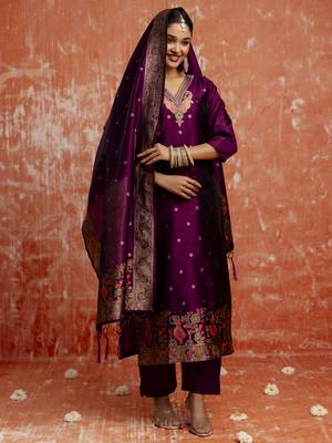 Purple embroidered cotton silk blend salwar suit 4