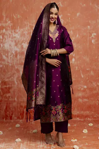Purple embroidered cotton silk blend salwar suit