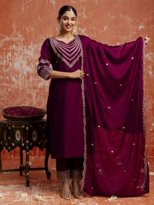 Purple embroidered viscose rayon   salwar suit 2