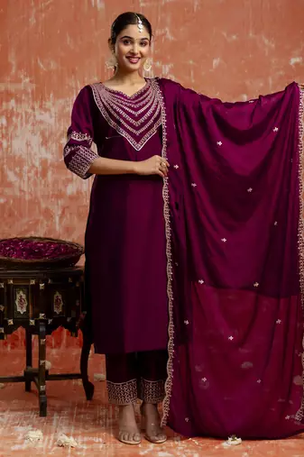 Purple embroidered viscose rayon   salwar suit