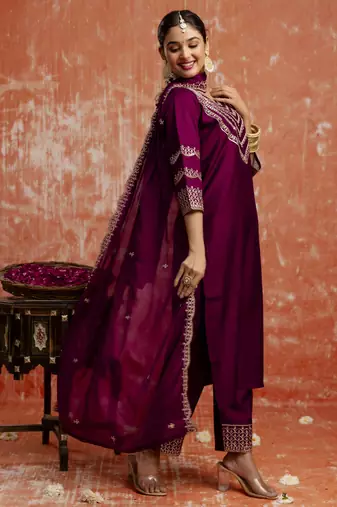 Purple embroidered viscose rayon   salwar suit