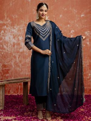 Teal embroidered viscose rayon   salwar suit 1