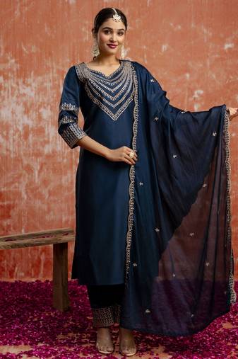 Teal embroidered viscose rayon   salwar suit