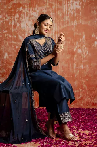 Teal embroidered viscose rayon   salwar suit
