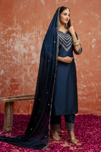 Teal embroidered viscose rayon   salwar suit