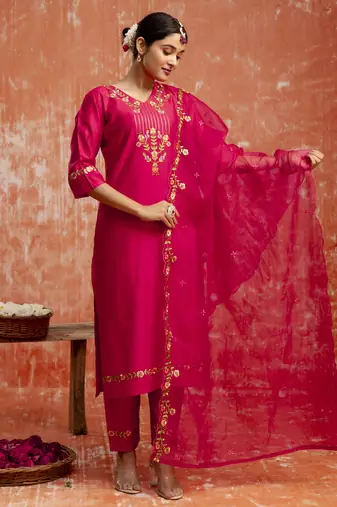 Pink embroidered viscose rayon   salwar suit