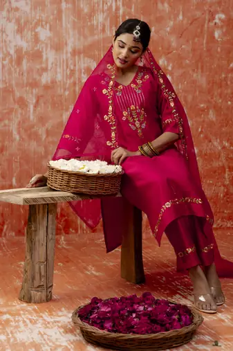 Pink embroidered viscose rayon   salwar suit