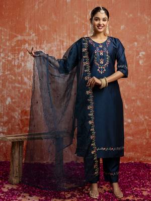 Teal embroidered viscose rayon   salwar suit 1