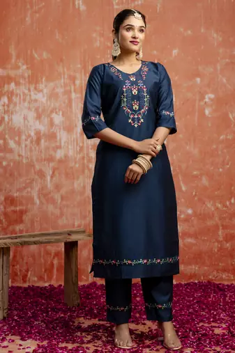 Teal embroidered viscose rayon   salwar suit