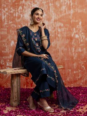 Teal embroidered viscose rayon   salwar suit 3