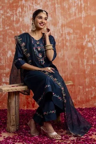 Teal embroidered viscose rayon   salwar suit