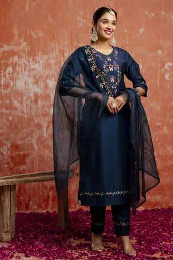 Teal embroidered viscose rayon   salwar suit