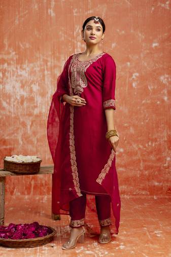 Maroon embroidered viscose rayon   salwar suit