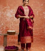Maroon embroidered cotton silk blend salwar suit