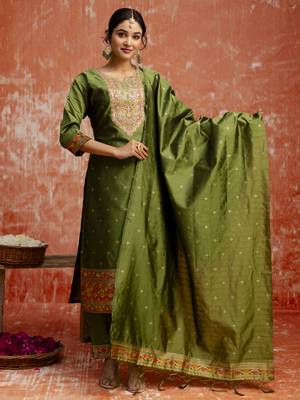 Mehendi embroidered cotton silk blend salwar suit 2