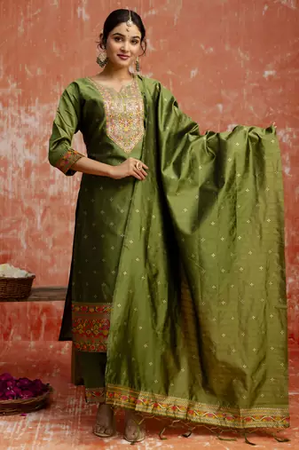 Mehendi embroidered cotton silk blend salwar suit