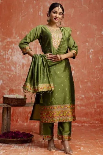Mehendi embroidered cotton silk blend salwar suit