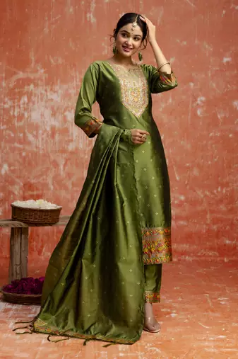 Mehendi embroidered cotton silk blend salwar suit