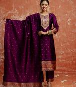 Purple embroidered cotton silk blend salwar suit