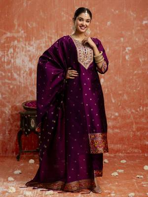 Purple embroidered cotton silk blend salwar suit 2
