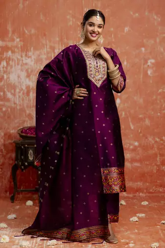 Purple embroidered cotton silk blend salwar suit