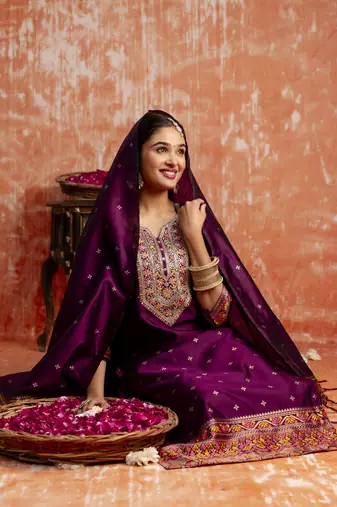Purple embroidered cotton silk blend salwar suit