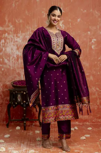 Purple embroidered cotton silk blend salwar suit
